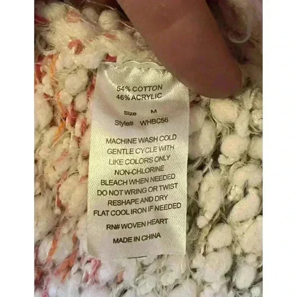 WOVEN HEART Open Fuzzy Cardigan Sweater Cream Multicolor Oversized Women Med - Picture 6 of 6